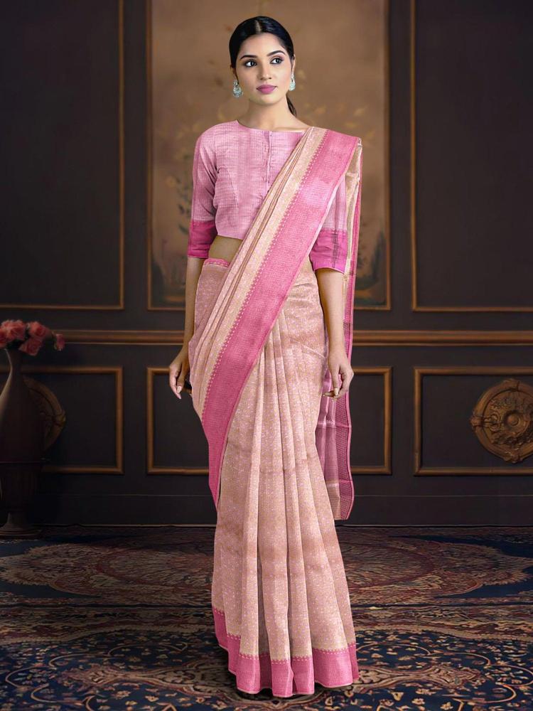 Peach Silk Blend Woven Design Saree with Unstitched Blouse
