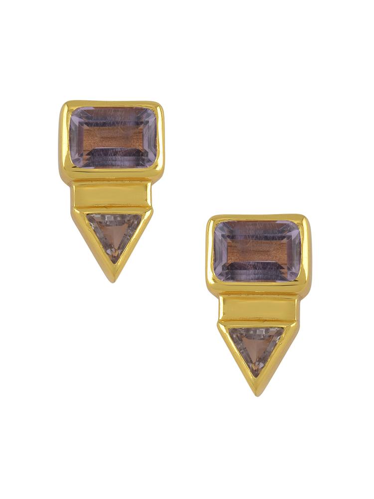 Sterling Silver Gold Plated Rectangle Triangle Amethyst Ear Studs
