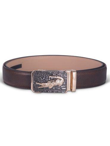 Mens Brown Genuine Leather Belt with Crocodile Design Buckle