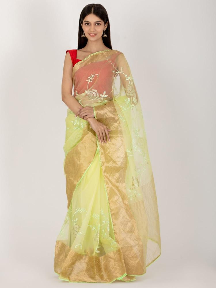 Lime Green Rose Organza Saree with Unstitched Blouse