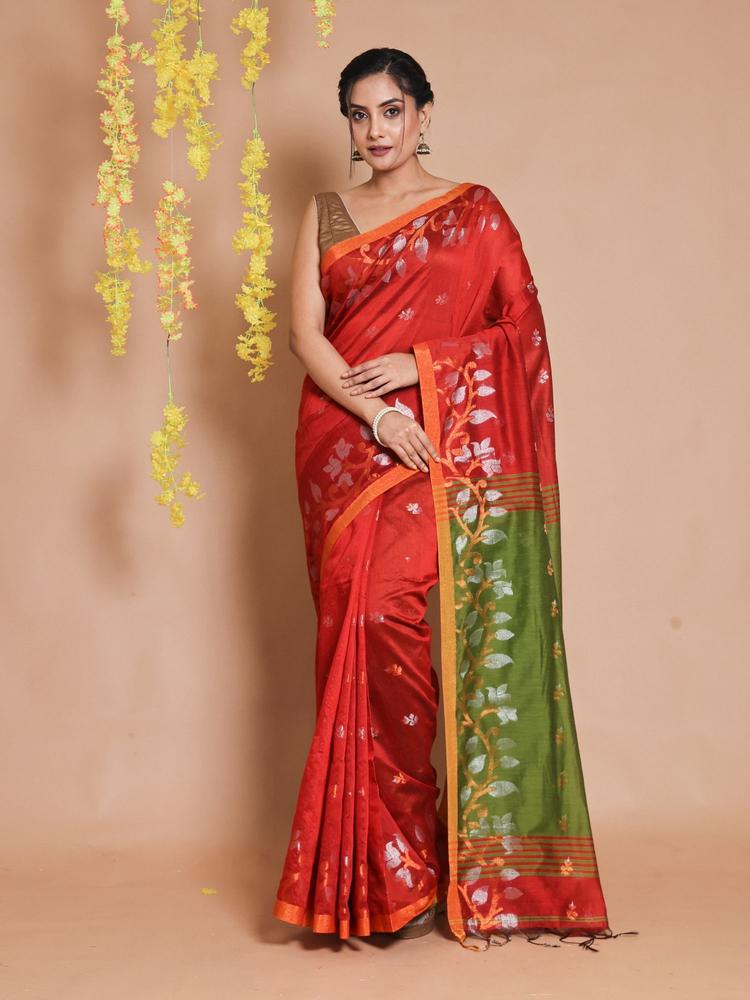 Red Blended Cotton Handwoven Zari Motifs & Floral Borders Saree with Unstitched Blouse