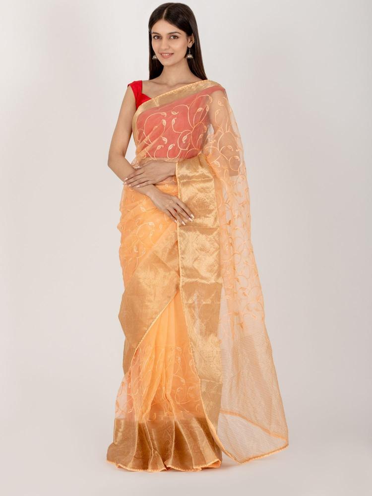 Alluring Peach Organza Saree with Unstitched Blouse