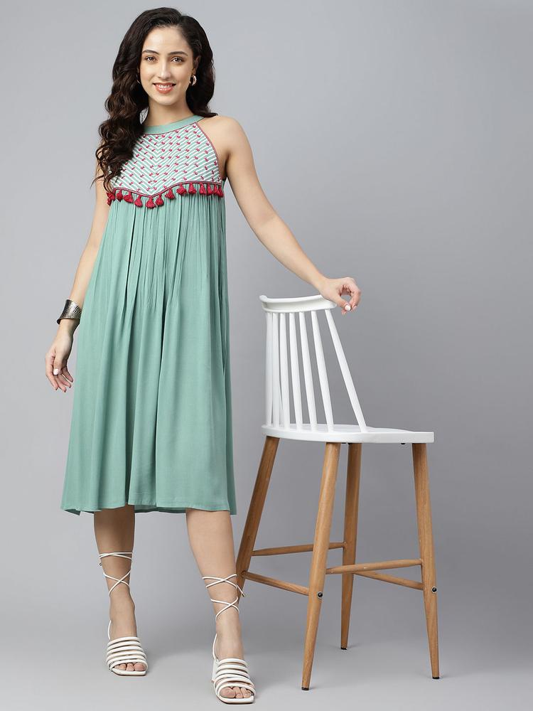 Green Embroidered Geometric Fringed A-Line Ethnic Dress