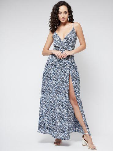 Women Blue Floral Print Cut Outs Maxi Dress