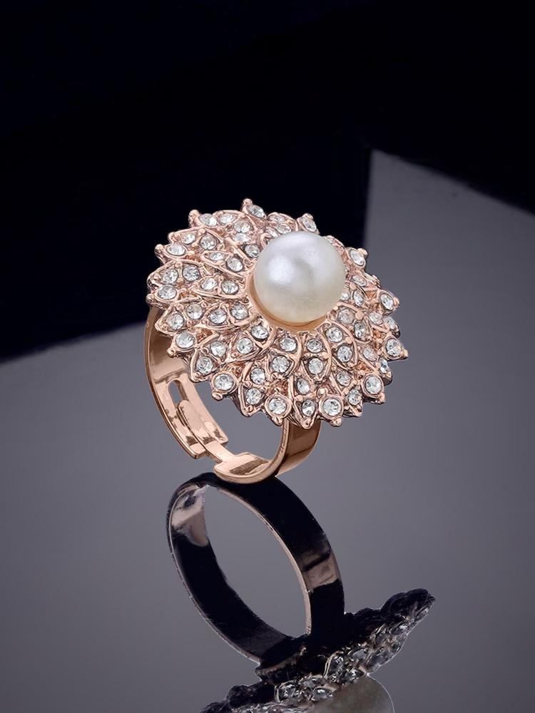 Rose Gold Plated Adjustable Flower Designer Finger Ring with Crystal for Women