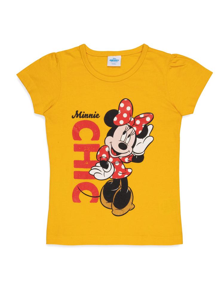 Girls Minnie Glitter Printed Yellow Cotton T-Shirt