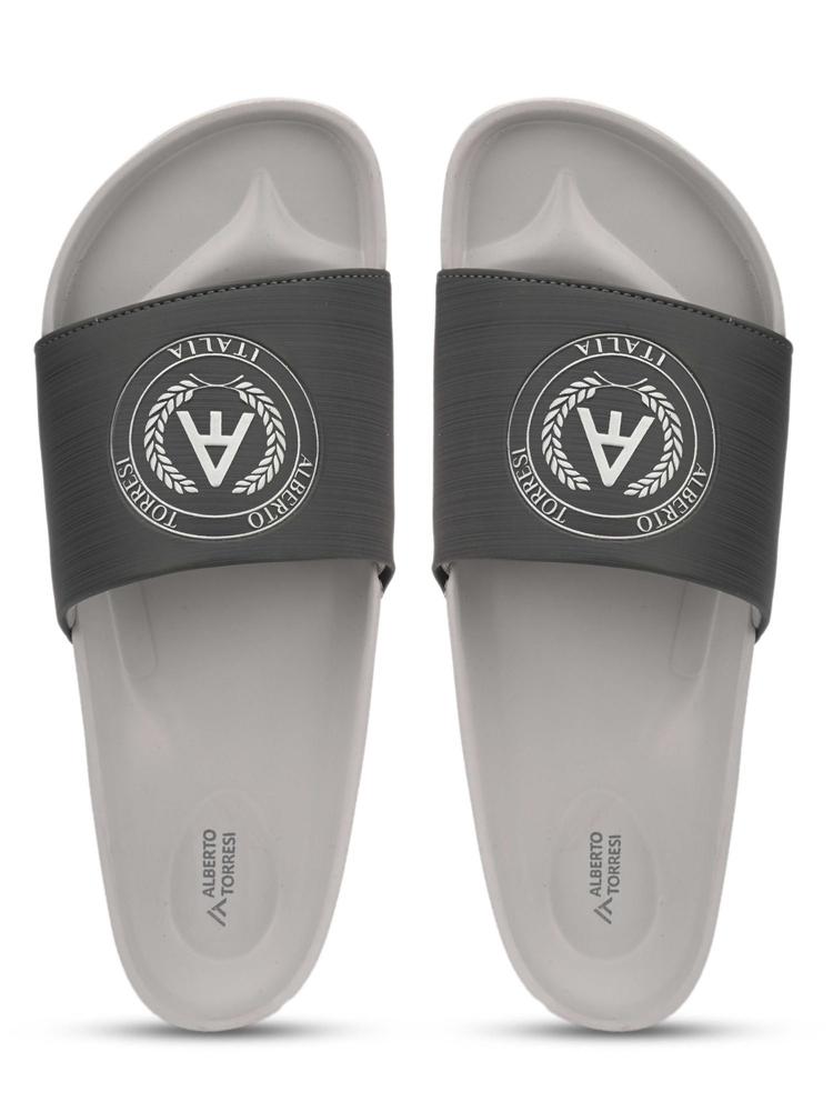 Printed Grey Synthetic Slides For Men