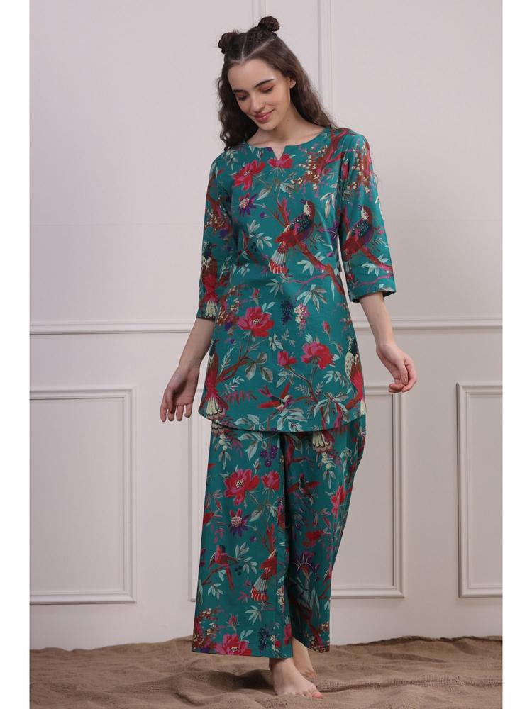 Women Green Printed Pure Cotton Palazzo Pyjama Top Night Suit (Set of 2)