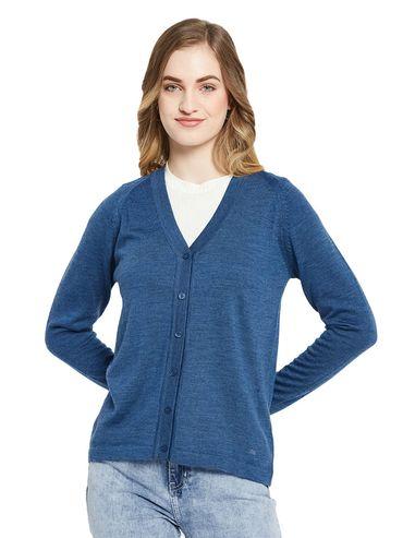 Womens Pure Wool Blue Solid V Neck Cardigan