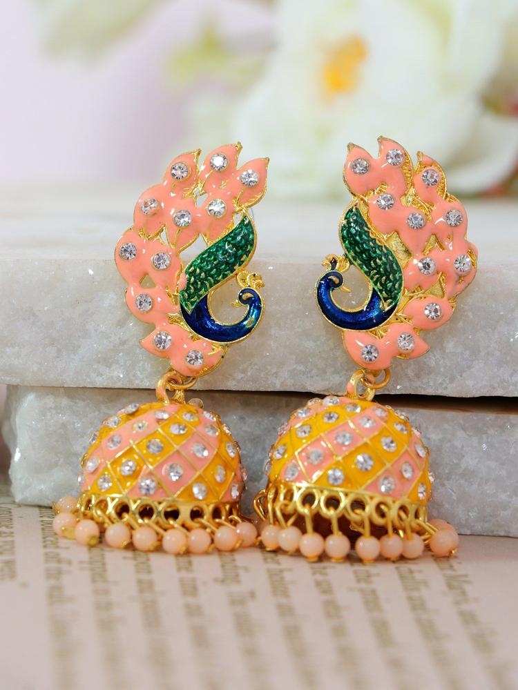 Stone Studded Peach & Yellow Peacock Jhumki Earrings