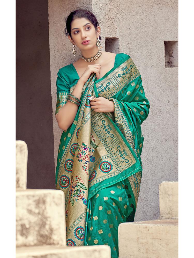Teal Color Banarasi Silk Traditional Saree with Unstitched Blouse