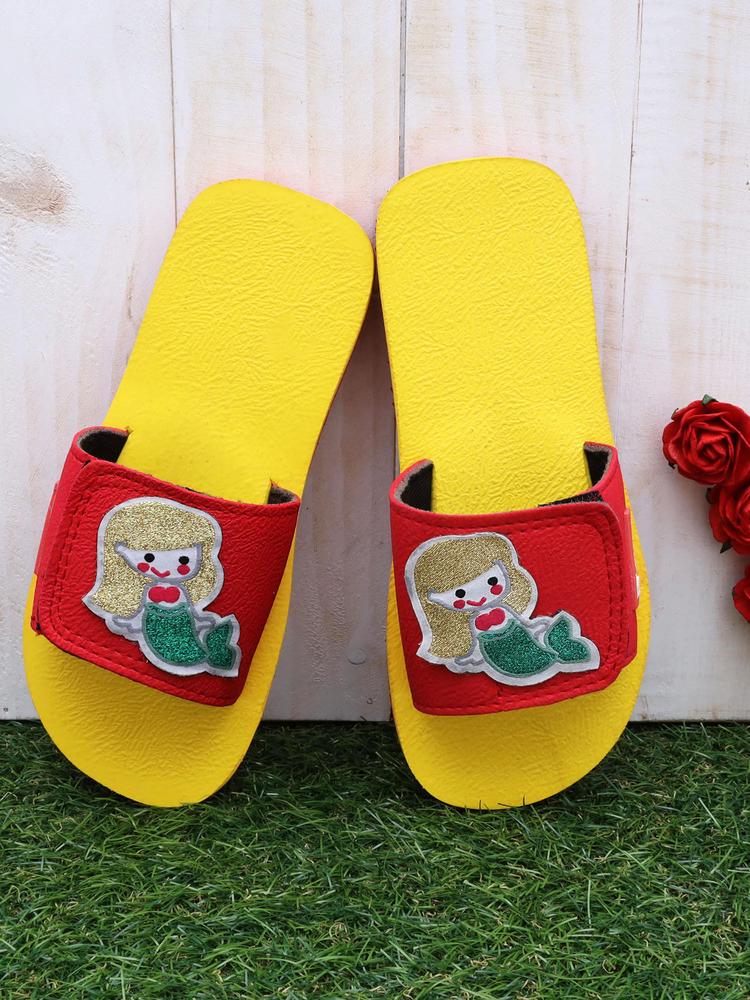 Mermaid Applique Slippers for Girls Red & Yellow