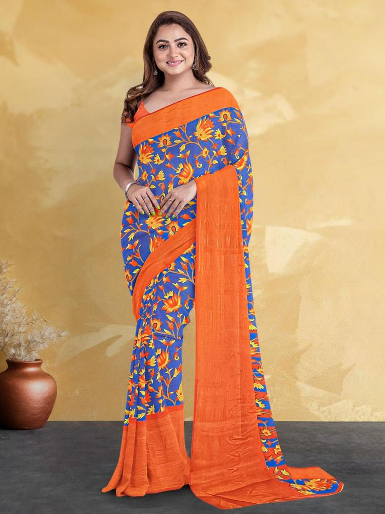 Royal Blue Silk Blend Floral Saree with Unstitched Blouse