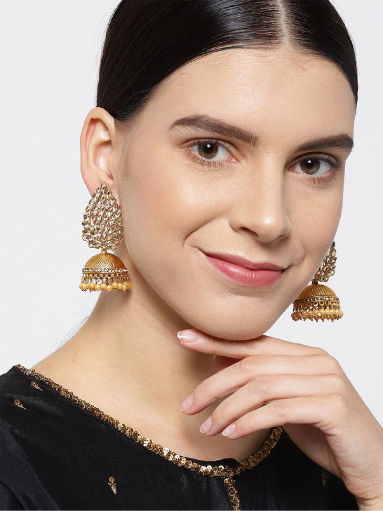 Gold-Plated Stones Studded Jhumka Earring In Leaf Pattern With Pearls Drop