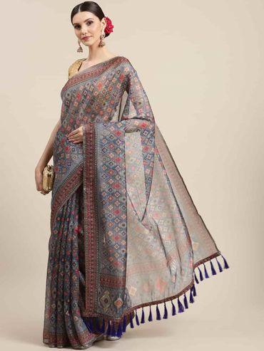 Printed Silk Kalamkari Saree with Unstiched Blouse Piece Grey with Unstitched