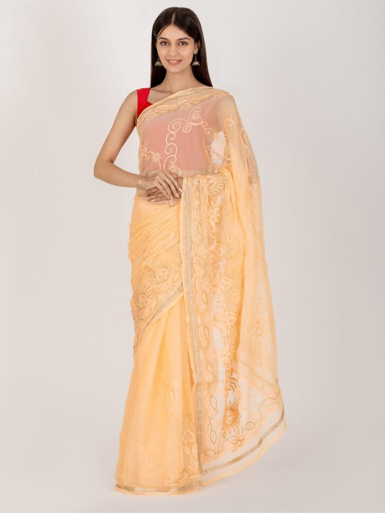 Custom Peach Embroidered Saree with Unstitched Blouse