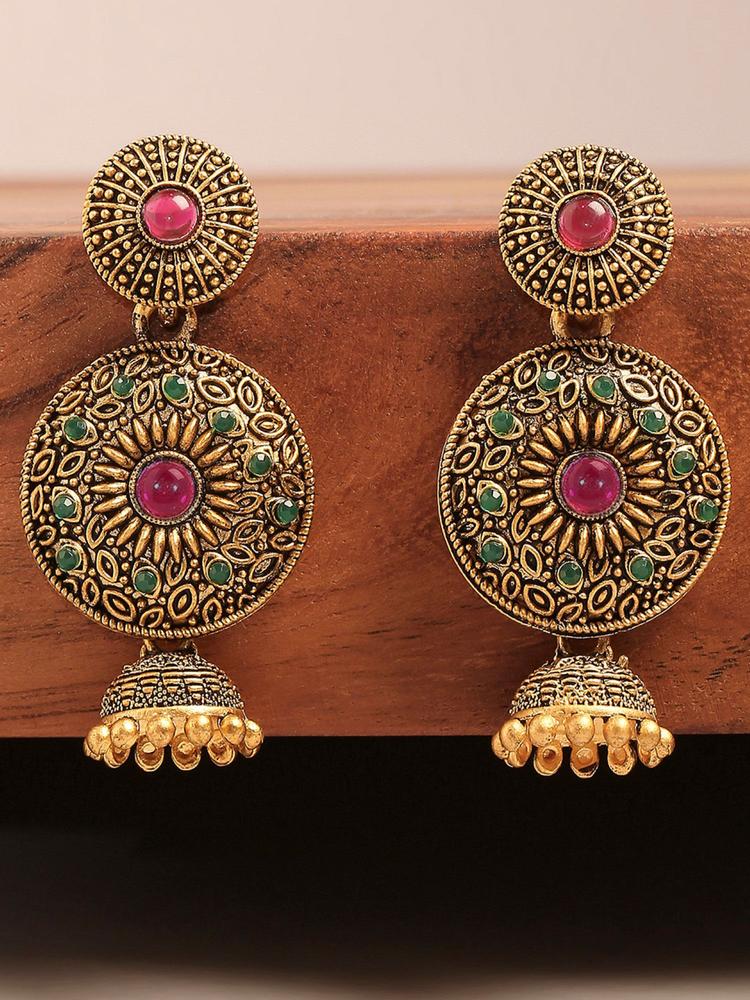 Antique Gold Tone Red and Green Kemp Stone South Indian Jhumka Earrings
