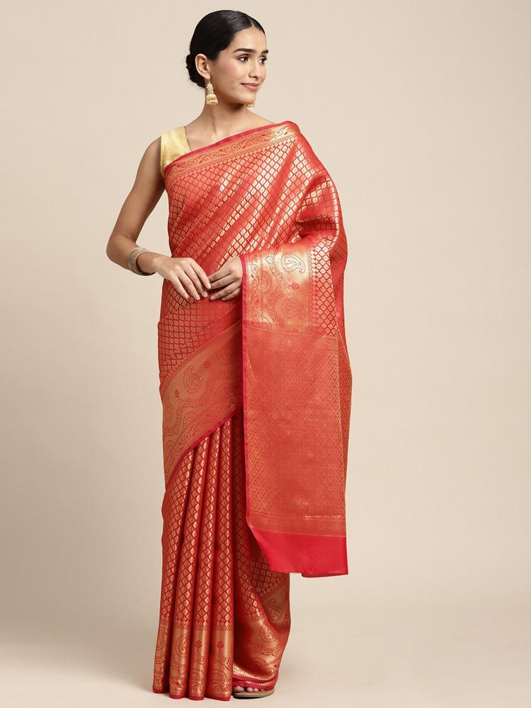 Orange Copper Zari Kanjivaram Silk Saree with Unstitched Blouse