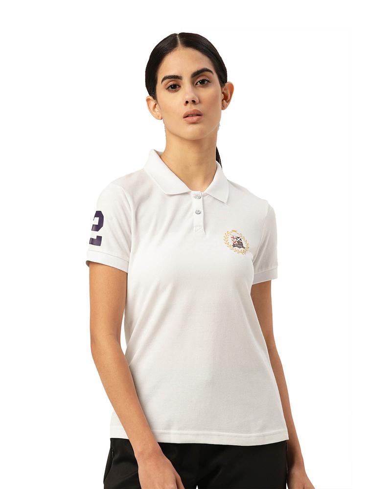 Womens Cotton Printed Half Sleeve Polo T-Shirts White