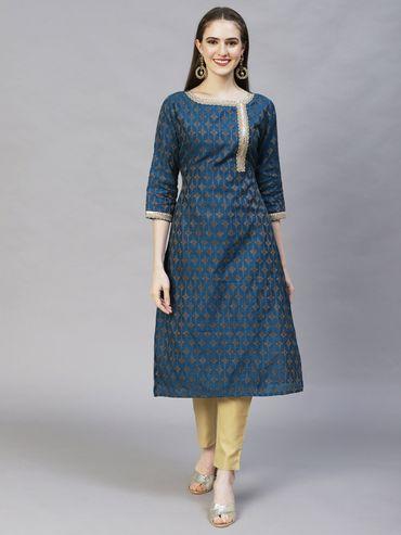 Ethnic Woven & Embroidered Straight Fit Kurta Teal Blue
