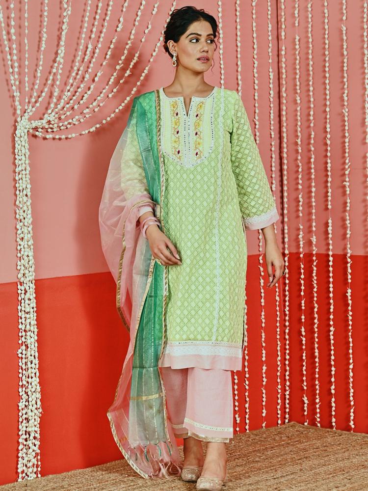 Green Cotton Kurta And Pant With Self-embroidery And Organza Dupatta (Set of 3)