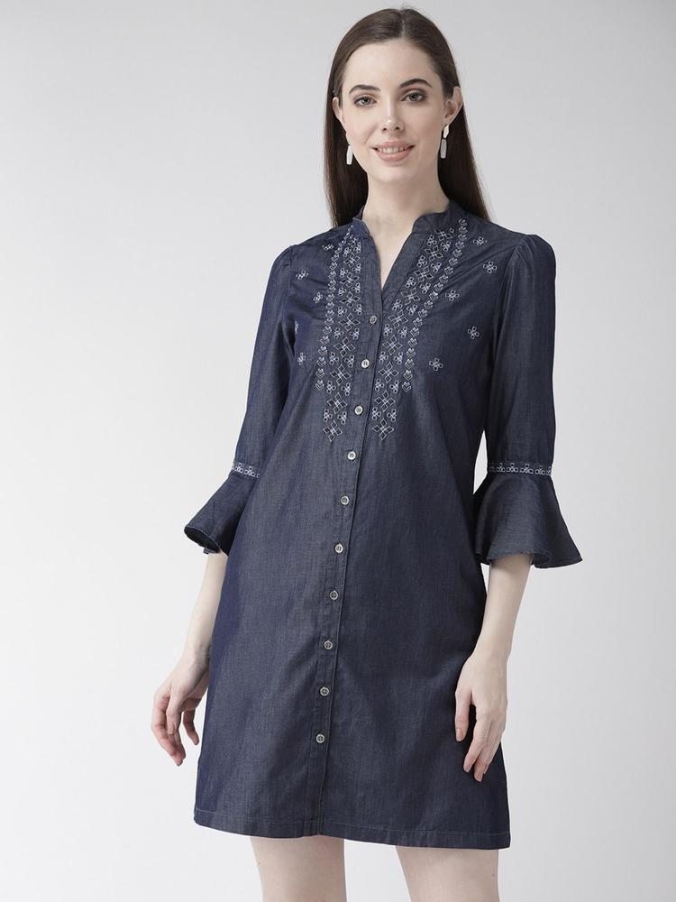 Navy Blue Ethnic Motifs Embroidered Cotton A-line Dress