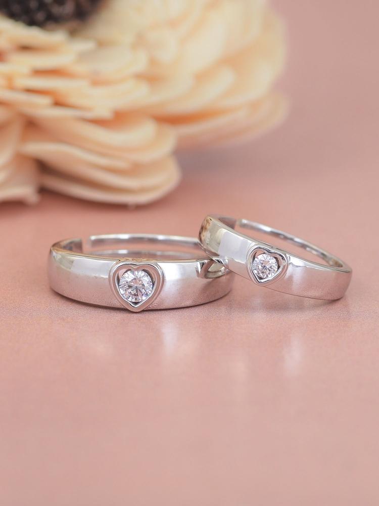 925 Sterling Silver Solitaire Adjustable Heart Couple Rings for Men and Women