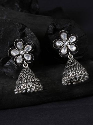 Black Meenakari Oxidised Silver Jhumka Earrings