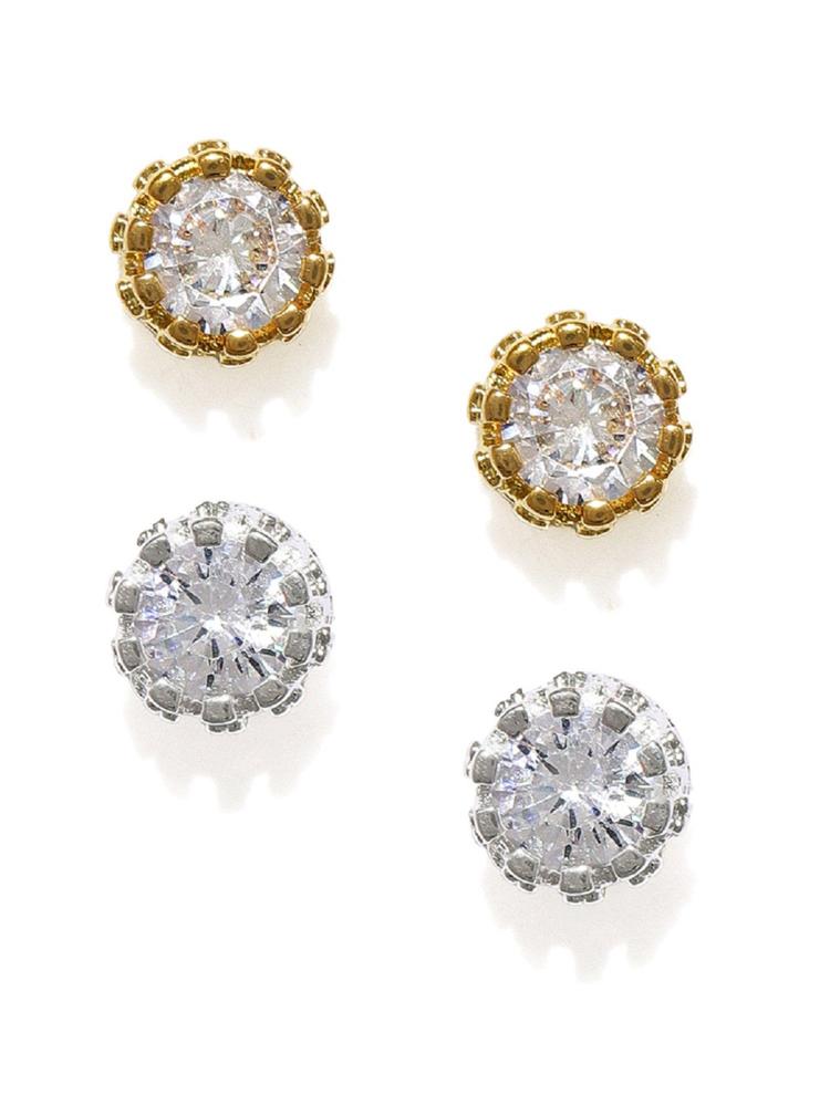 Multi-Color Plated Round Crown Cubic Zirconia Ear Stud Earrings (Set of 2)