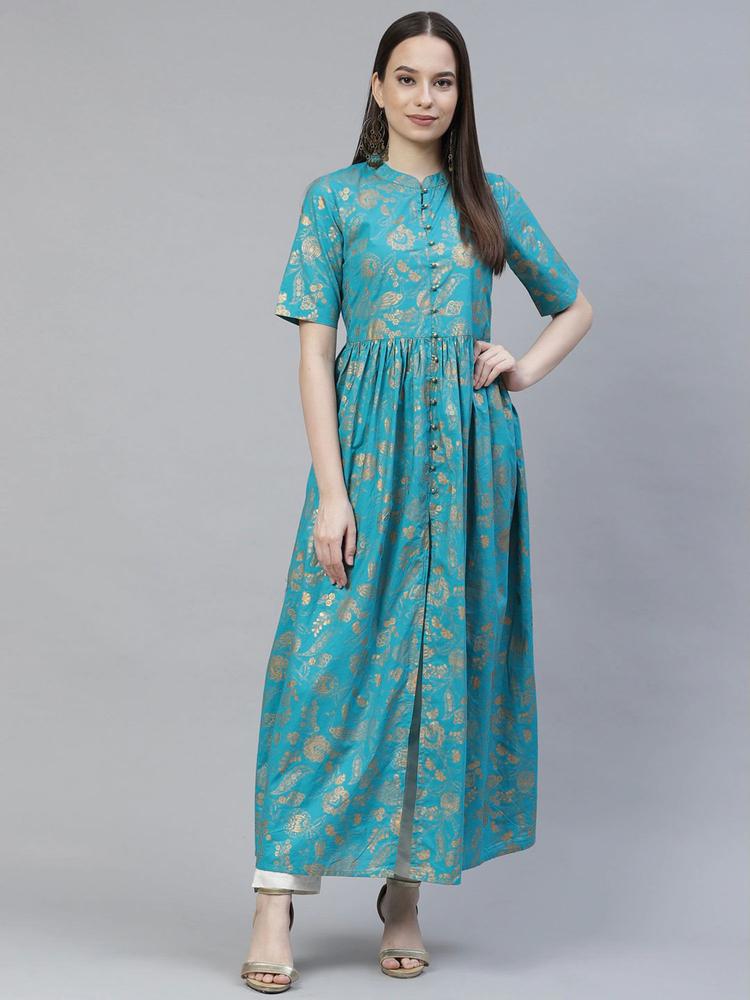 Turquoise Blue & Gold-toned Floral Maxi Dress