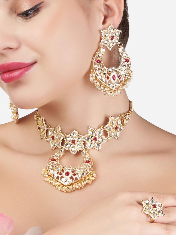 Pink Kundan & Pearls Traditional Choker Necklace Earring & Ring Set (Set of 3)