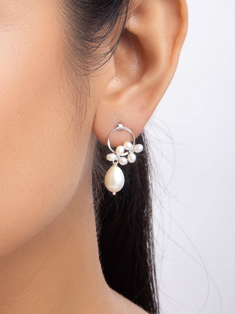 Sterling Silver Natural Pearl Cluster Earrings