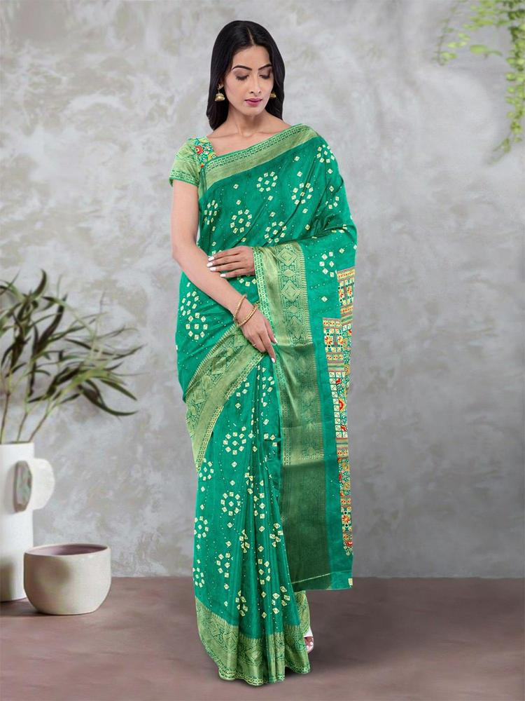 Sea Green Silk Blend Bandhani Saree with Unstitched Blouse