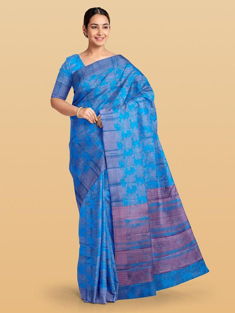 Blue Tussar Floral Saree with Unstitched Blouse