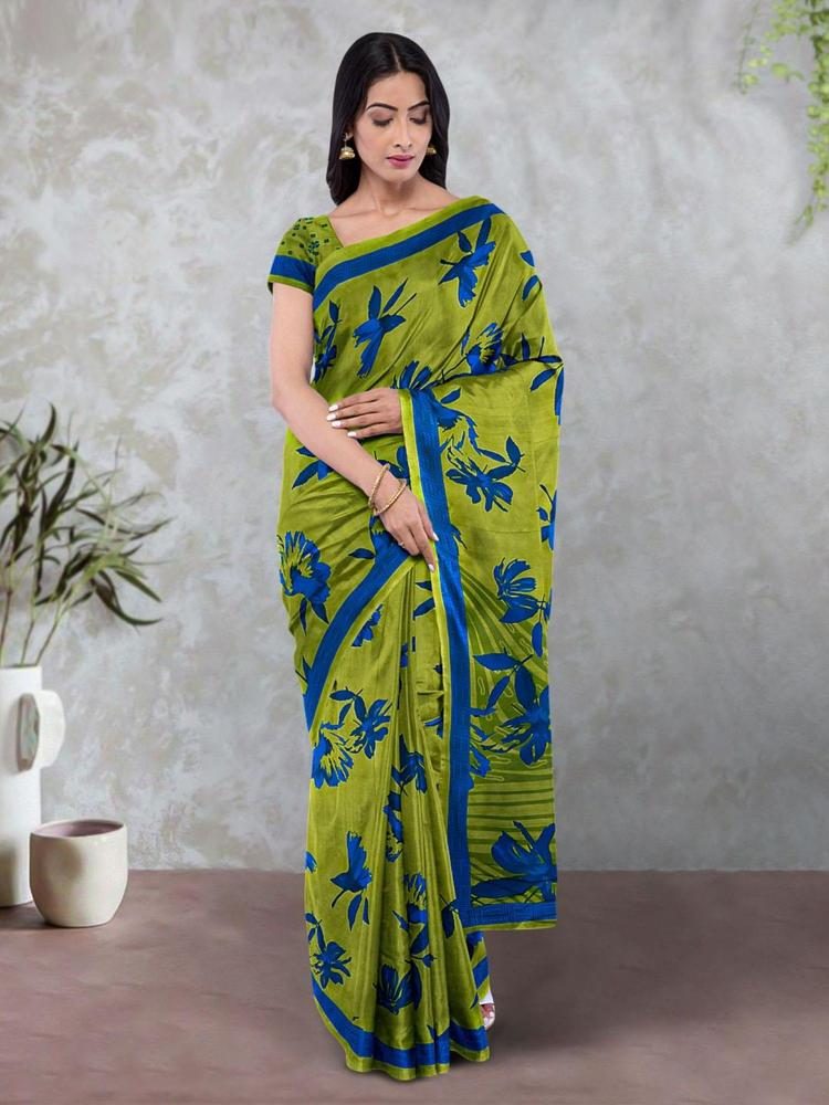 Olive Green Crepe Floral Saree with Unstitched Blouse
