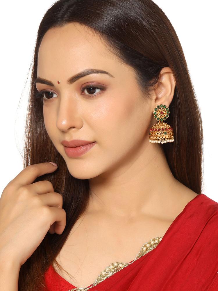 Women Gold-Plated and Green Crystal Studded Dome Shaped Jhumka Earring