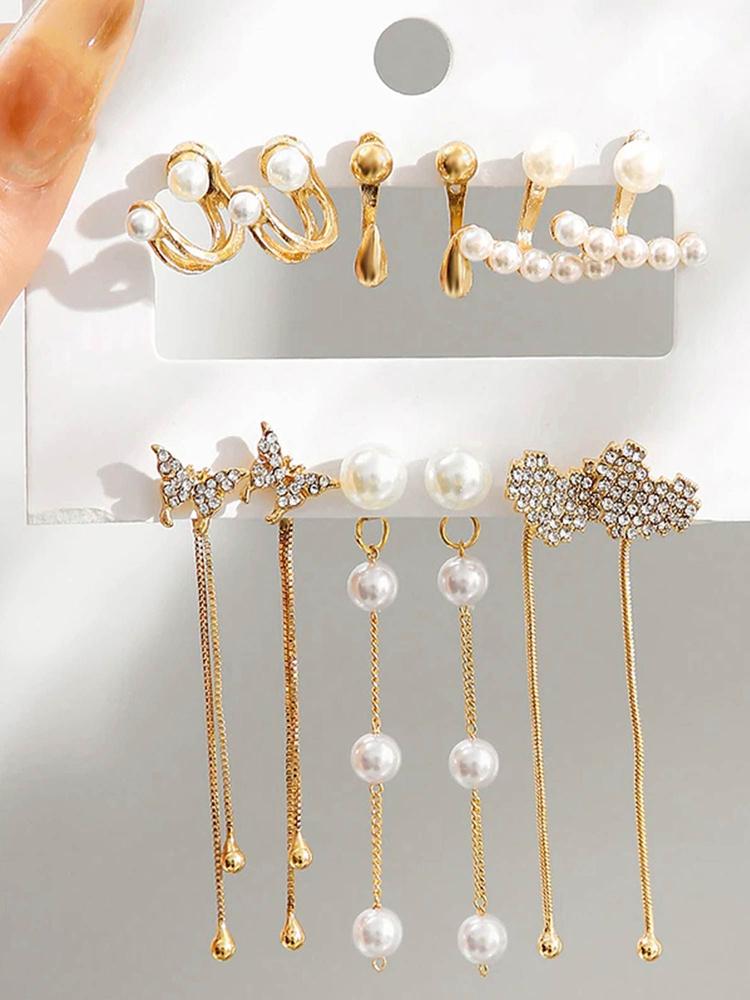 Jewellery For Women White And Gold-Toned Gold Plated Pearl Earrings (Pack of 6)