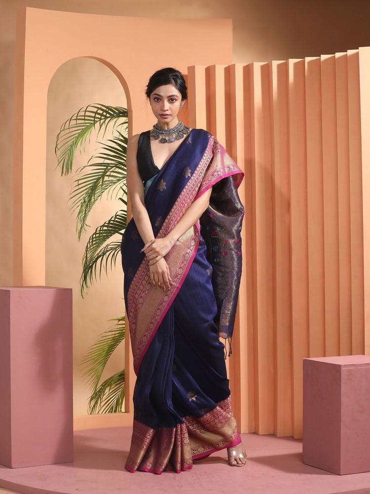Blue Woven Linen Saree with Unstitched Blouse