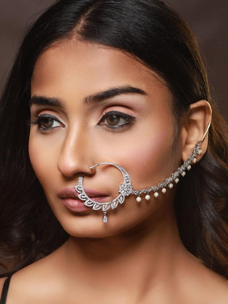 Silver Plated White Floral American Diamond Studded Nose Ring with Pearl Drop Chain