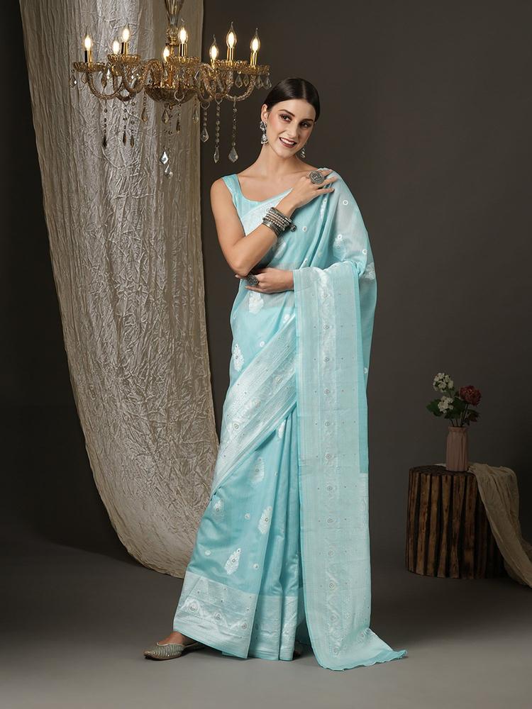 Womens Cotton Silk Turquoise Woven Design Designer Saree with Unstitched Blouse