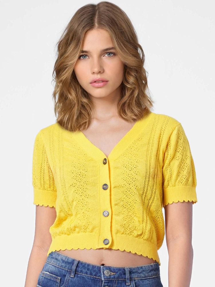 Women Self Design Yellow Cardigan