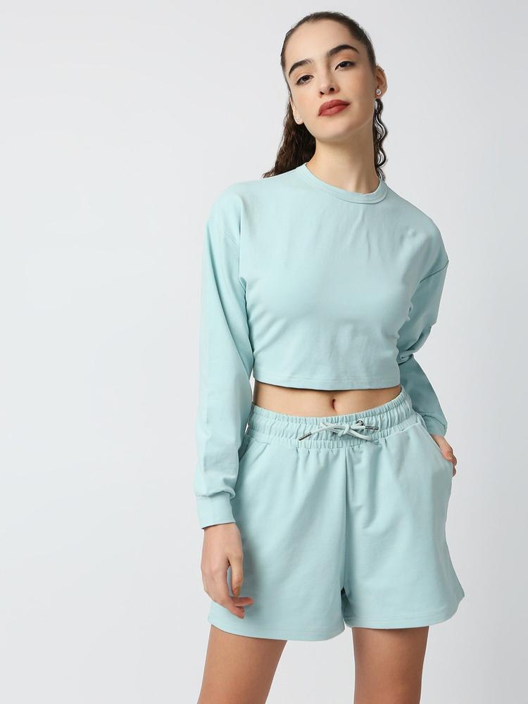 Womens Round Neck Aqua Blue Full Sleeves Crop Top And Short Co-ordinate Set