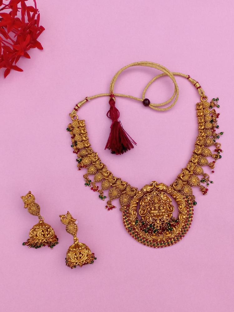 Gold Plated Divine Lakshmi Ji with Peacocks Nakshi Temple Necklace Set for Women