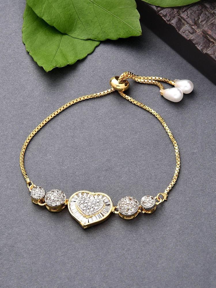 Handmade Luxurious Gold -Plated White Heart American Diamond Bracelet for Women