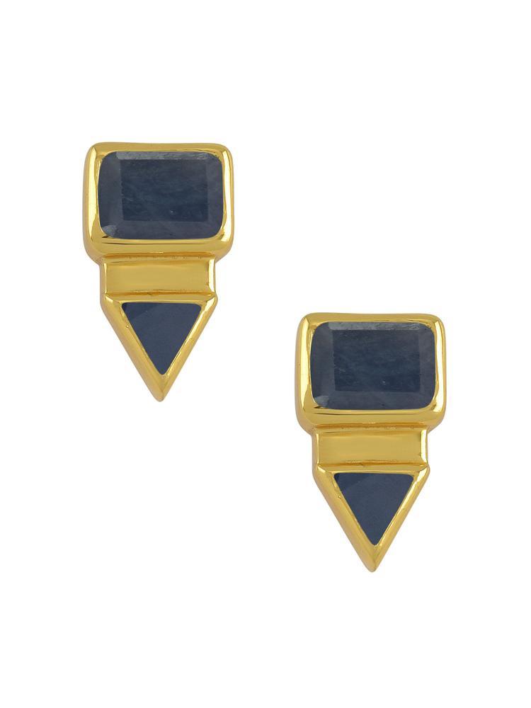 Sterling Silver Gold Plated Rectangle Triangle Blue Sapphire Ear Studs