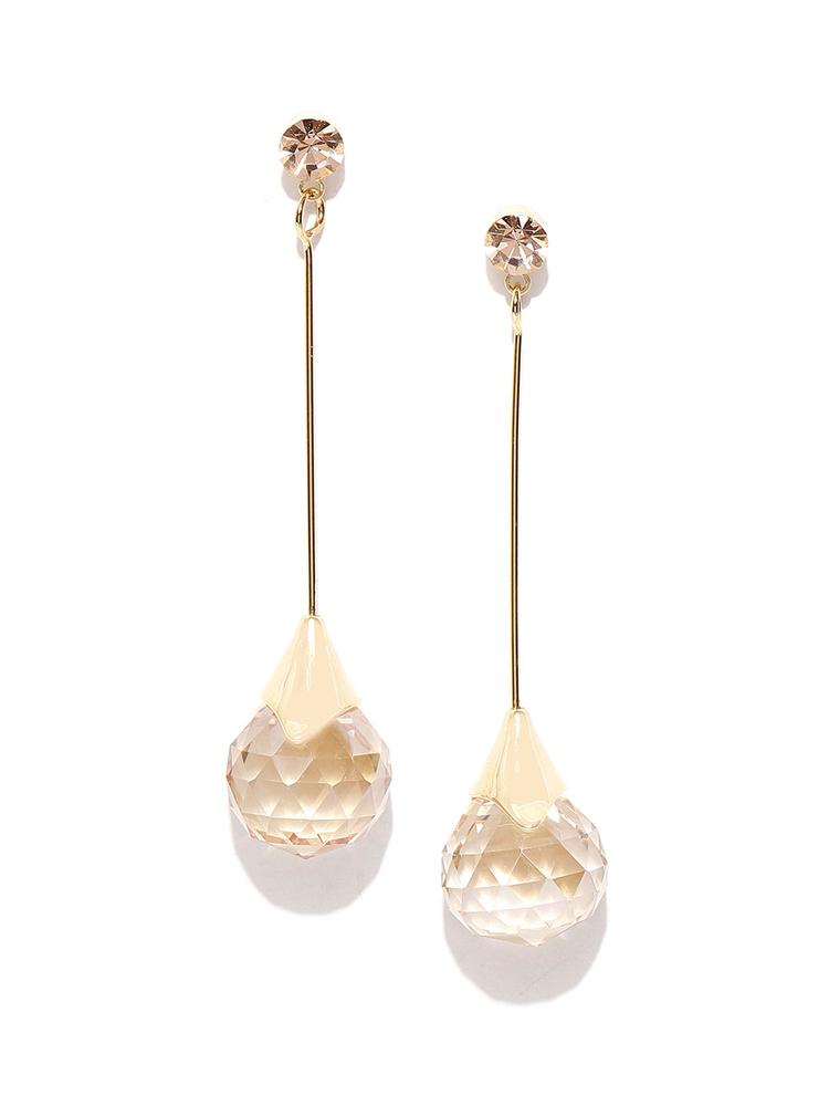 Beige Gold Plated Stone Studded Spherical Drop Earrings