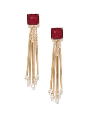 Maroon Luxuria Gold Plated Stone Studded Tasselled Drop Earrings