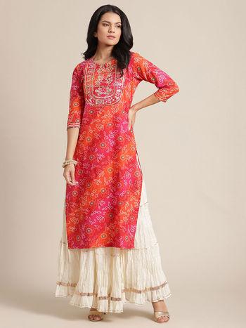 Pink and Orange Bandhani Zari Embroidery Kurta with Gota Embellished Sleeves
