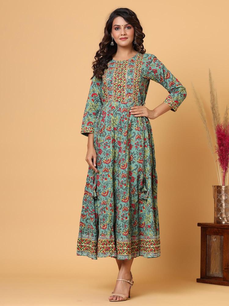 Green Embroidered Cotton Ethnic Gown