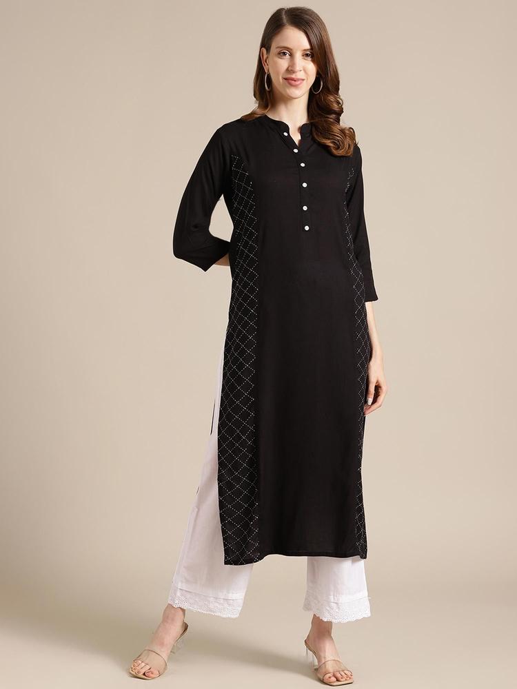 Black And White Tagai Embellished Straight Kurta With 3/4Th Sleeves